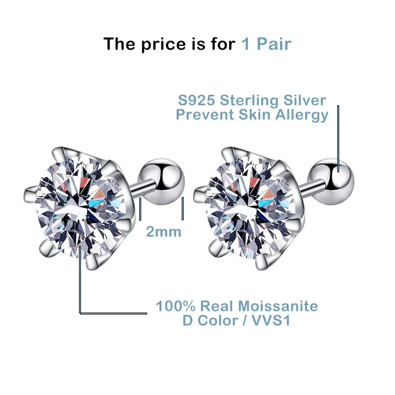 Moissanite Screw Stud Earrings D Color 6-Prong 925 Sterling Silver Wedding