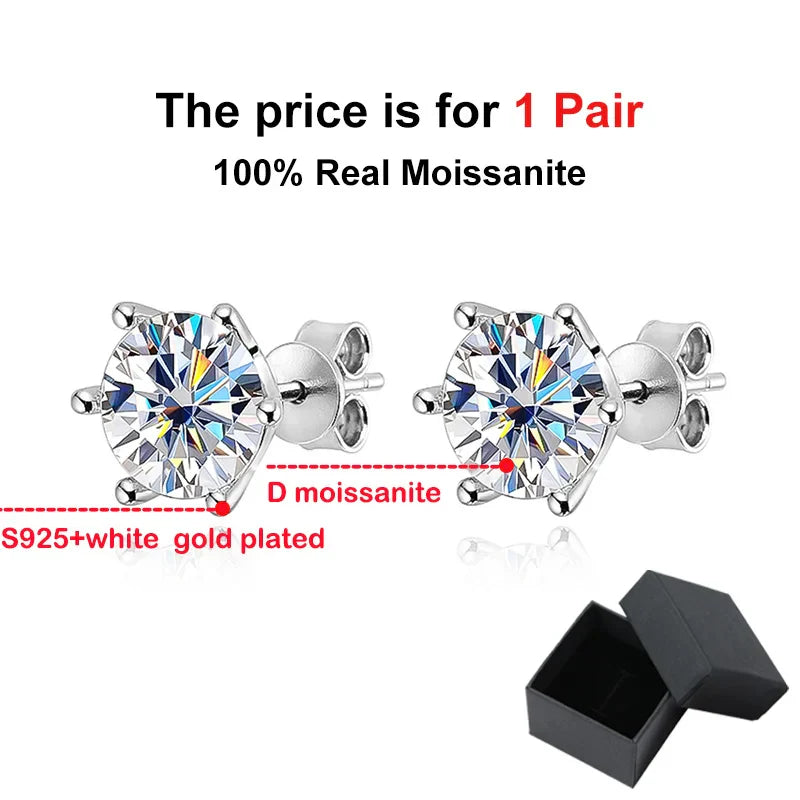Moissanite Screw Stud Earrings D Color 6-Prong 925 Sterling Silver Wedding